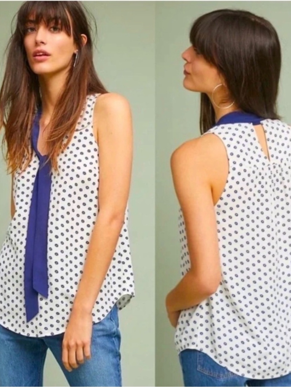 NWOT Anthropologie Maeve White and Navy Floral Tie-Neck Blouse - size 4